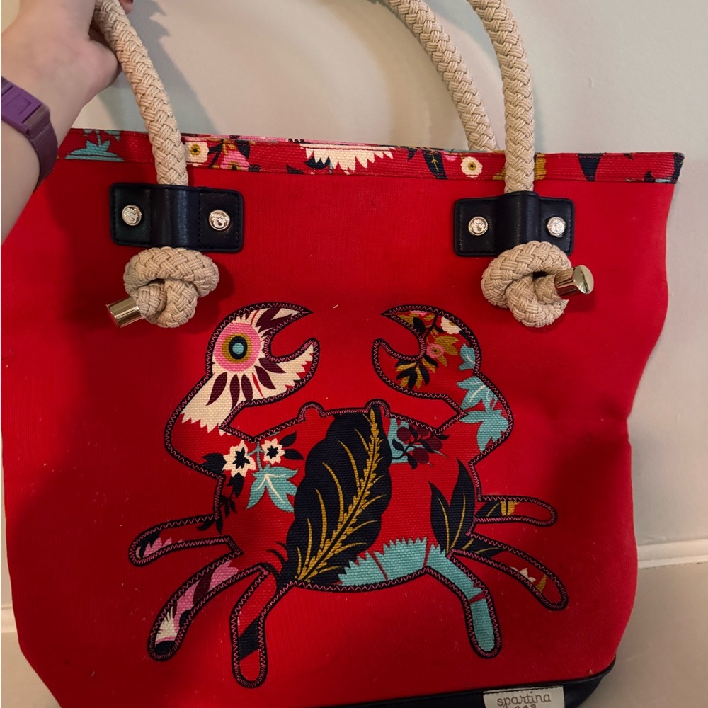 Red Nautical Tote with Crab Embroidery
